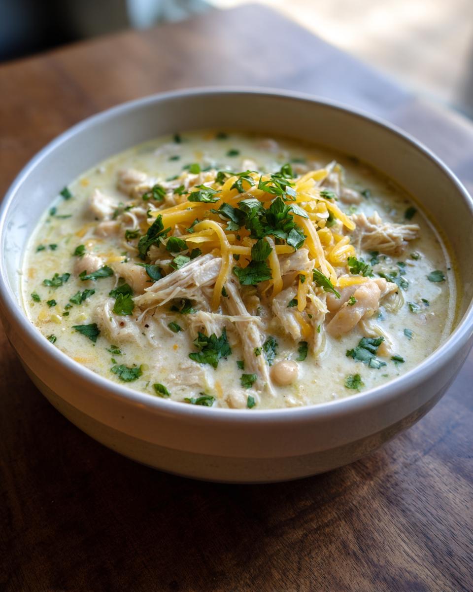 A close-up of a bowl of creamy white chicken chili, loaded with shredded chicken, beans, and topped with shredded cheddar cheese and fresh parsley.
