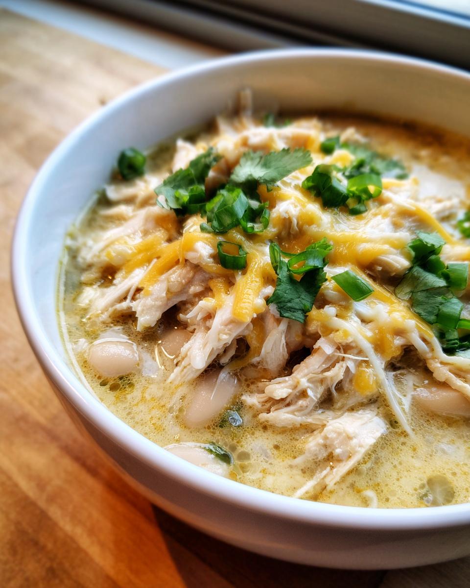 Close-up of a creamy white chicken chili bowl topped with shredded cheese, green onions, and cilantro.