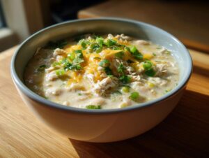 A close-up of a bowl filled with creamy white chicken chili, topped with shredded cheddar cheese and fresh green onions.