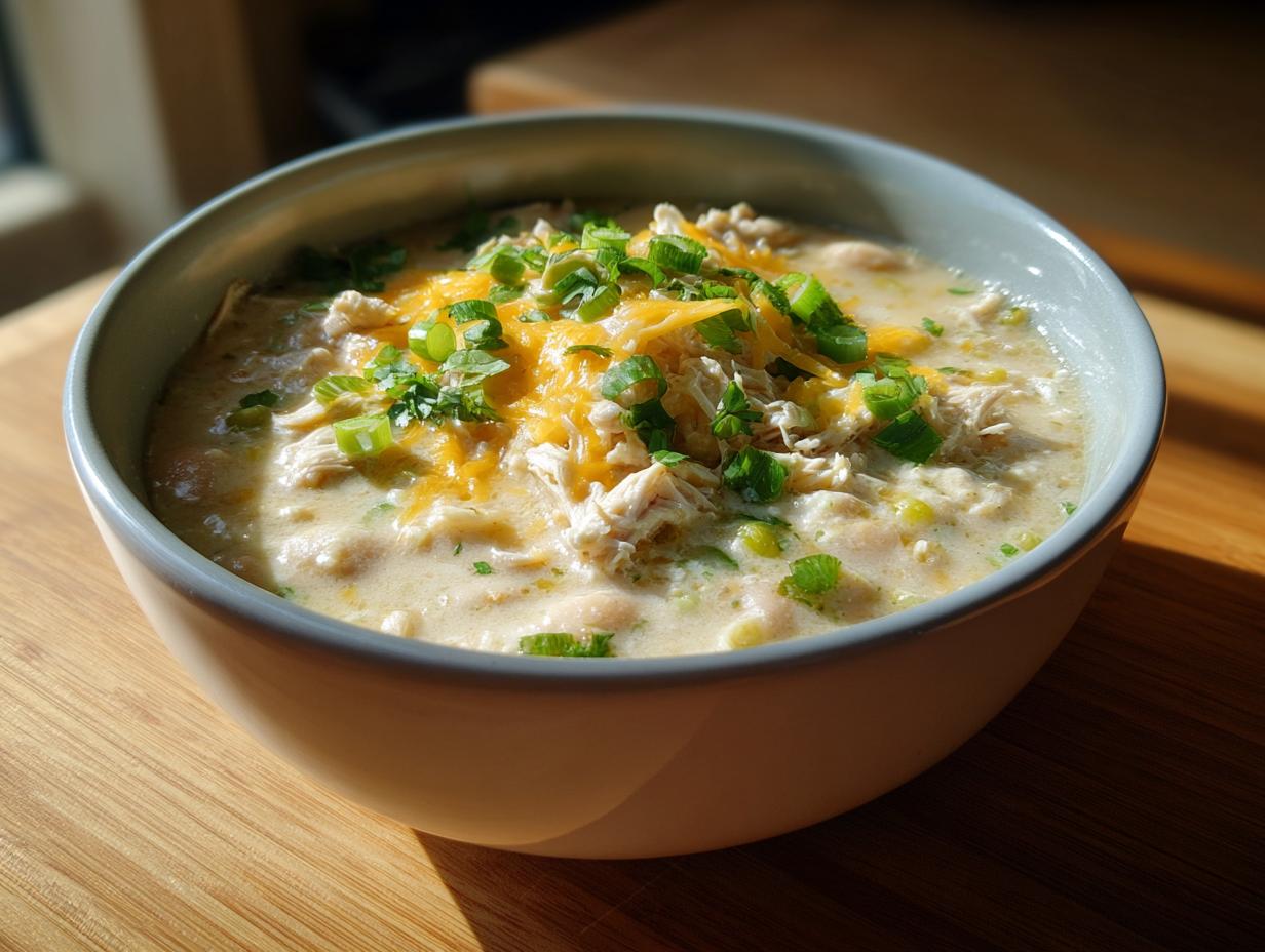 A close-up of a bowl filled with creamy white chicken chili, topped with shredded cheddar cheese and fresh green onions.