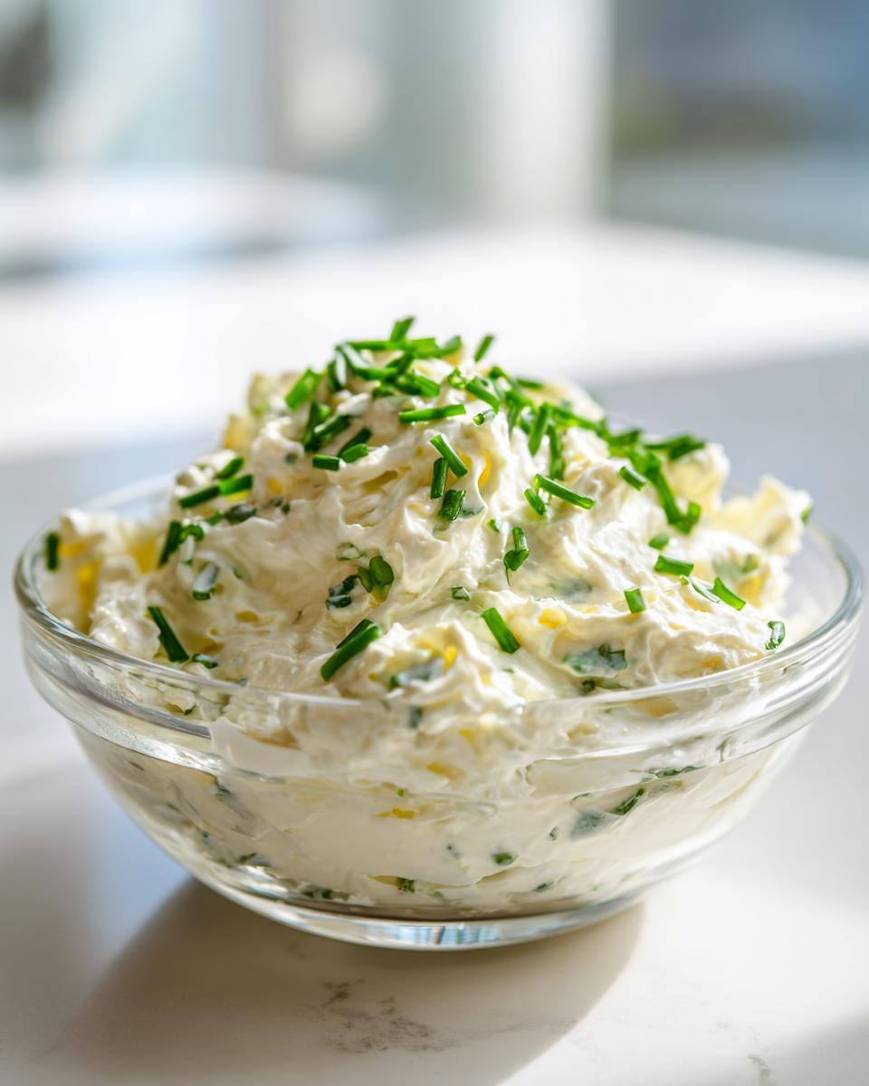 A close-up of a creamy, white clam dip garnished generously with chopped green chives in a clear glass bowl.