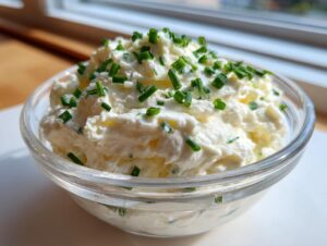 Close-up of a bowl of creamy clam dip generously topped with freshly chopped green chives.
