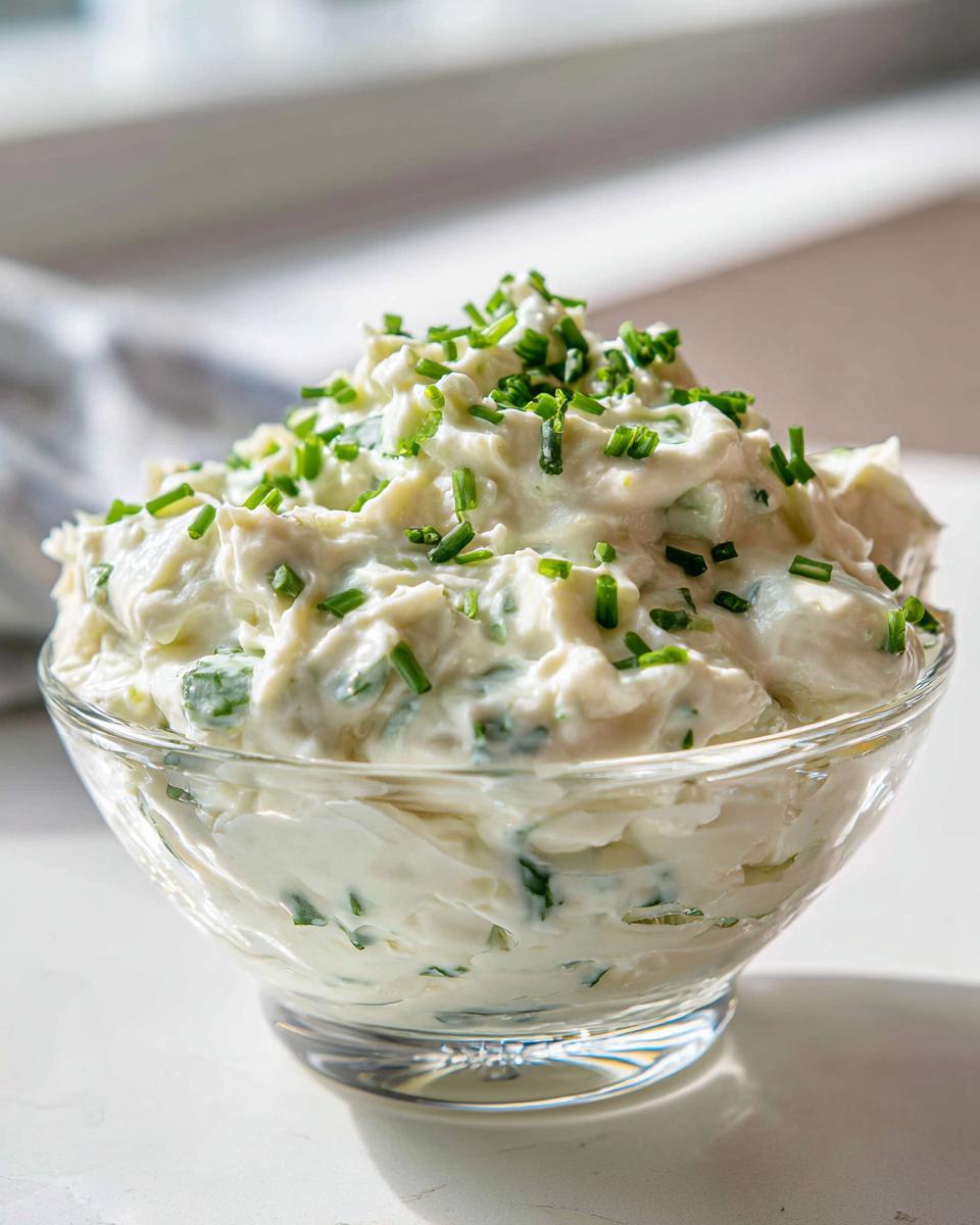 A close-up of creamy clam dip, generously topped with freshly chopped green chives, served in a clear glass bowl.