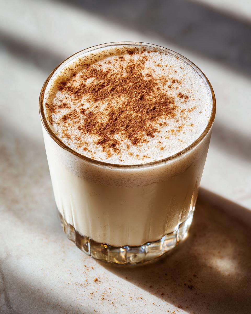 Overhead shot of a glass filled with creamy coquito, topped with a generous dusting of ground cinnamon.