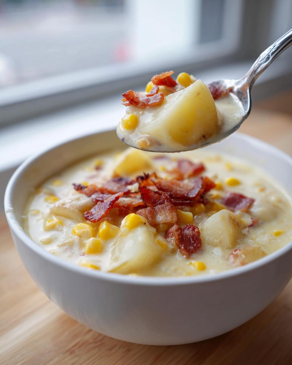 A spoonful of creamy corn chowder recipe lifted from a white bowl, showing potatoes, corn, and bacon bits.