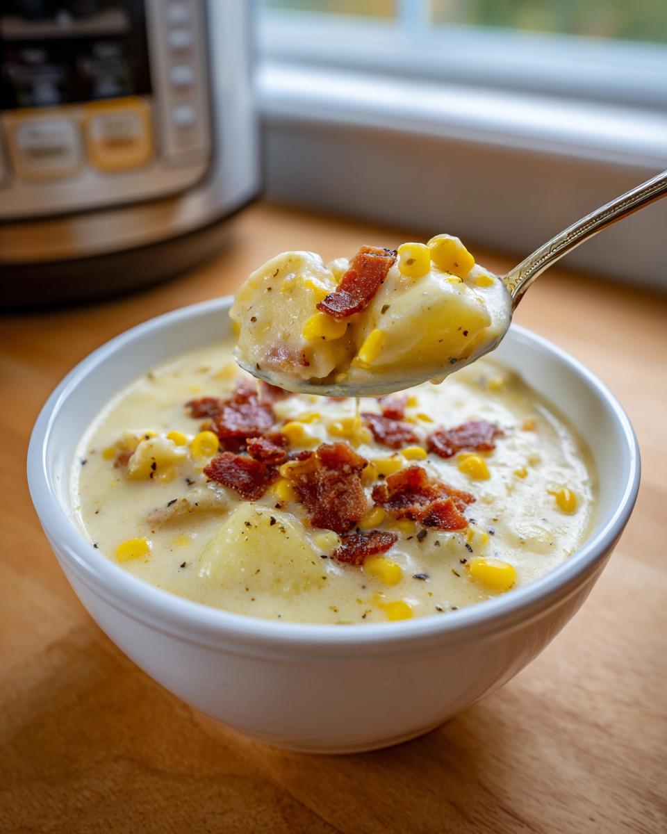 A spoonful of creamy corn chowder recipe lifted from a white bowl, topped with crispy bacon bits.