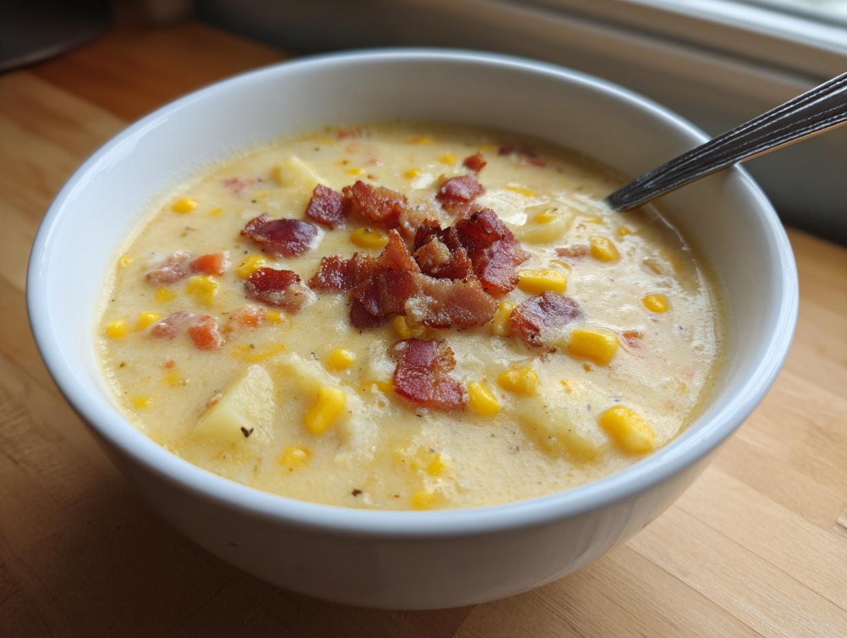 A close-up of a white bowl filled with creamy corn chowder recipe, topped generously with crispy bacon pieces.
