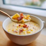 A spoonful of creamy corn chowder recipe, featuring corn kernels, potatoes, and bacon bits, lifted from a white bowl.