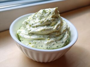 A close-up of thick, creamy dill dip, speckled with fresh dill, served in a white fluted bowl.