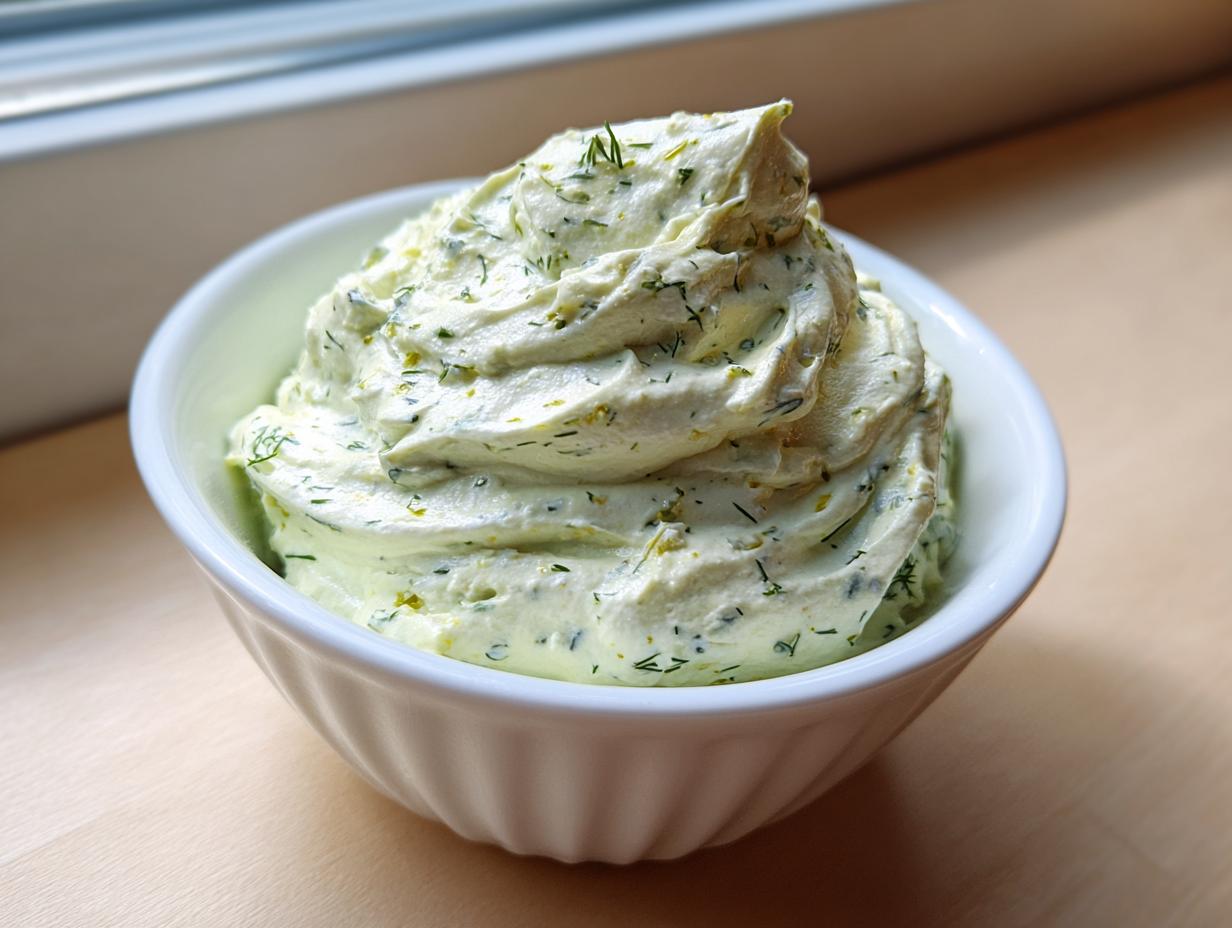 A close-up of thick, creamy dill dip, speckled with fresh dill, served in a white fluted bowl.