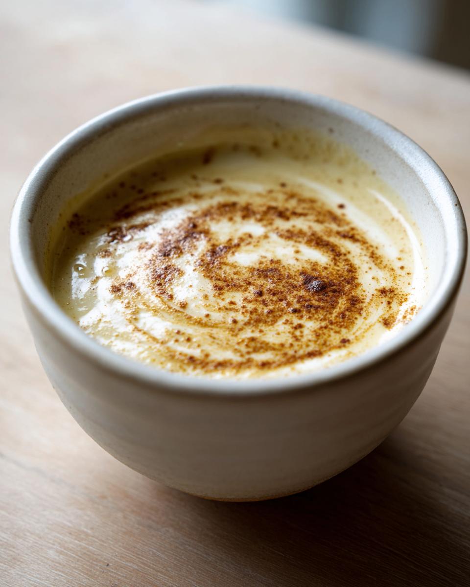 Close-up of creamy roasted garlic soup in a beige bowl, topped with a swirl of cream and sprinkled spices.