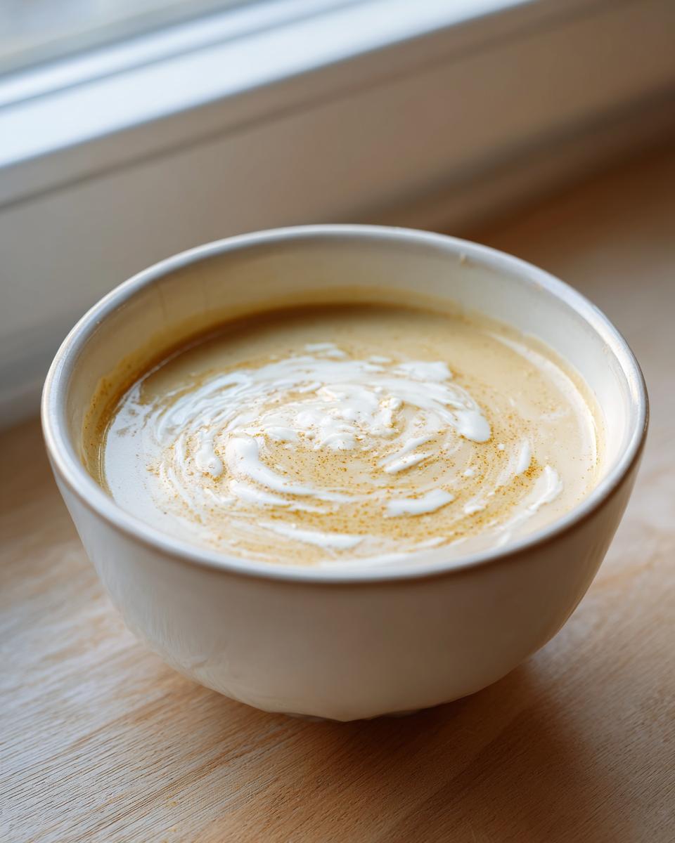 A creamy bowl of roasted garlic soup, topped with a swirl of cream and a sprinkle of spice.