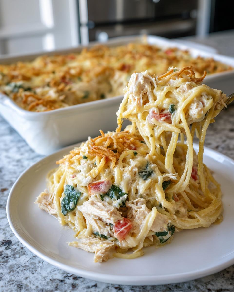 A fork lifting a portion of creamy Monterey chicken spaghetti, showing shredded chicken, spinach, and crispy onions.