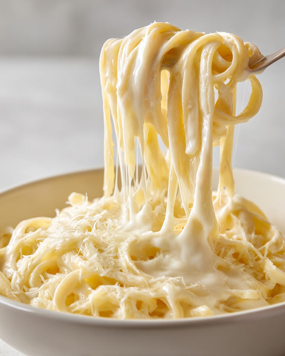 A fork lifting fettuccine noodles coated heavily in creamy olive garden alfredo sauce, showing cheese stretch.