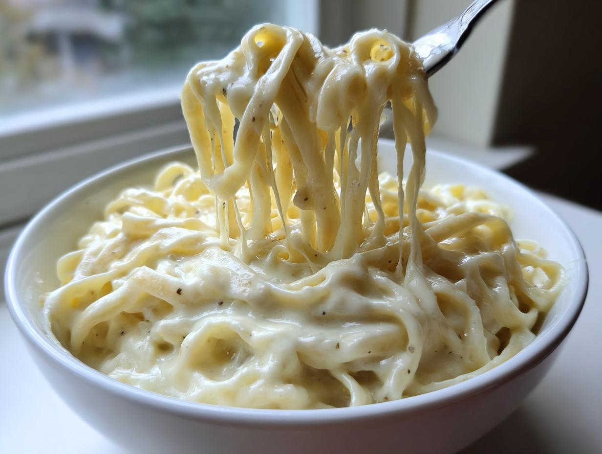 A fork lifts fettuccine noodles coated in rich, creamy olive garden alfredo sauce from a white bowl.