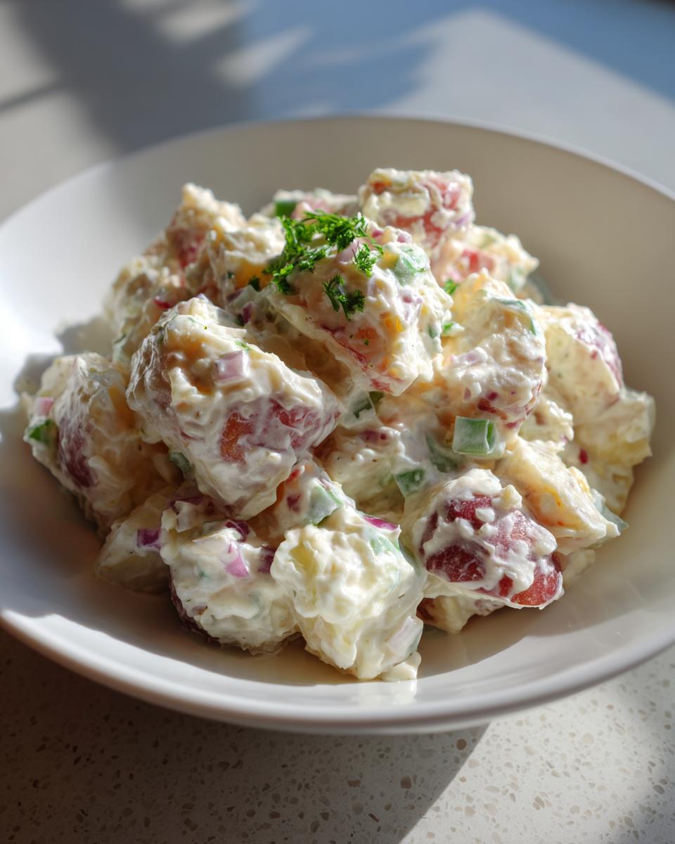 Close-up of creamy red potato salad chunks mixed with red onion and herbs, served in a white bowl.
