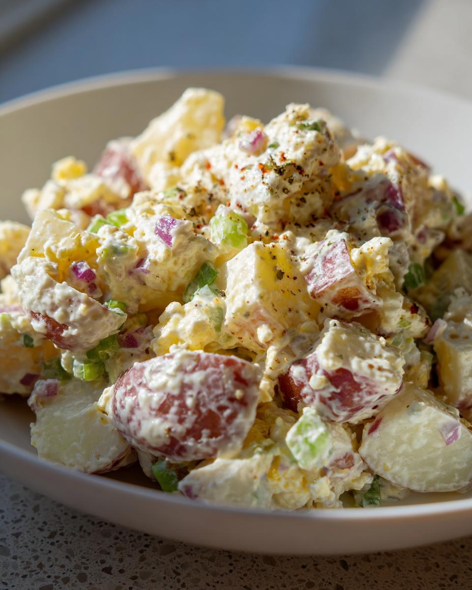 Close-up of creamy red potato salad featuring chunks of red-skinned potatoes, red onion, celery, and a generous seasoning of pepper.