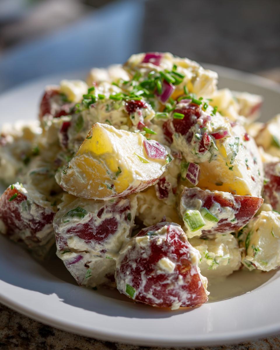 Close-up of creamy red potato salad chunks mixed with red onion and topped with fresh chives.