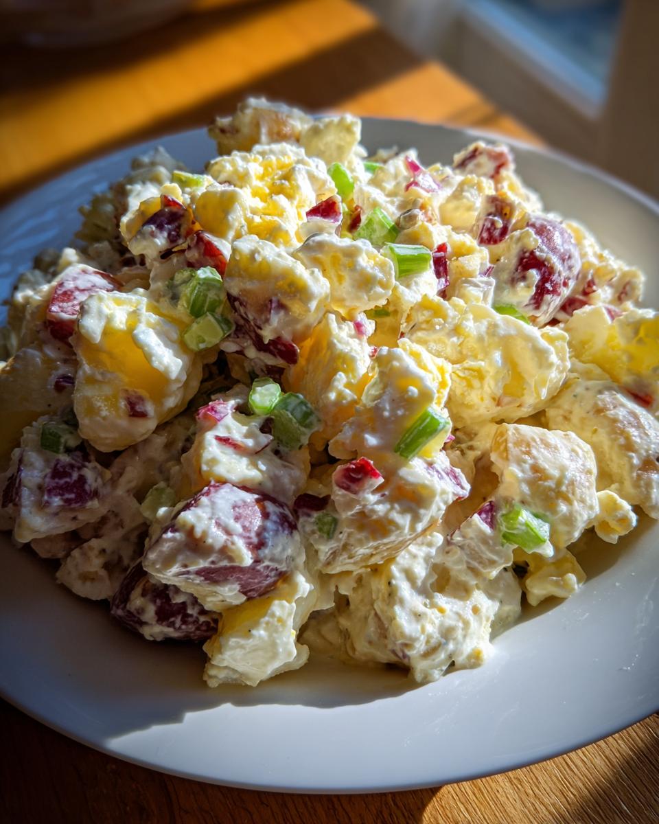 A close-up of creamy red potato salad featuring chunks of red potato, celery, and a rich dressing.