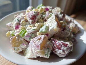 Close-up of a creamy red potato salad featuring chunks of red-skinned potatoes, celery, red onion, and egg in a rich dressing.