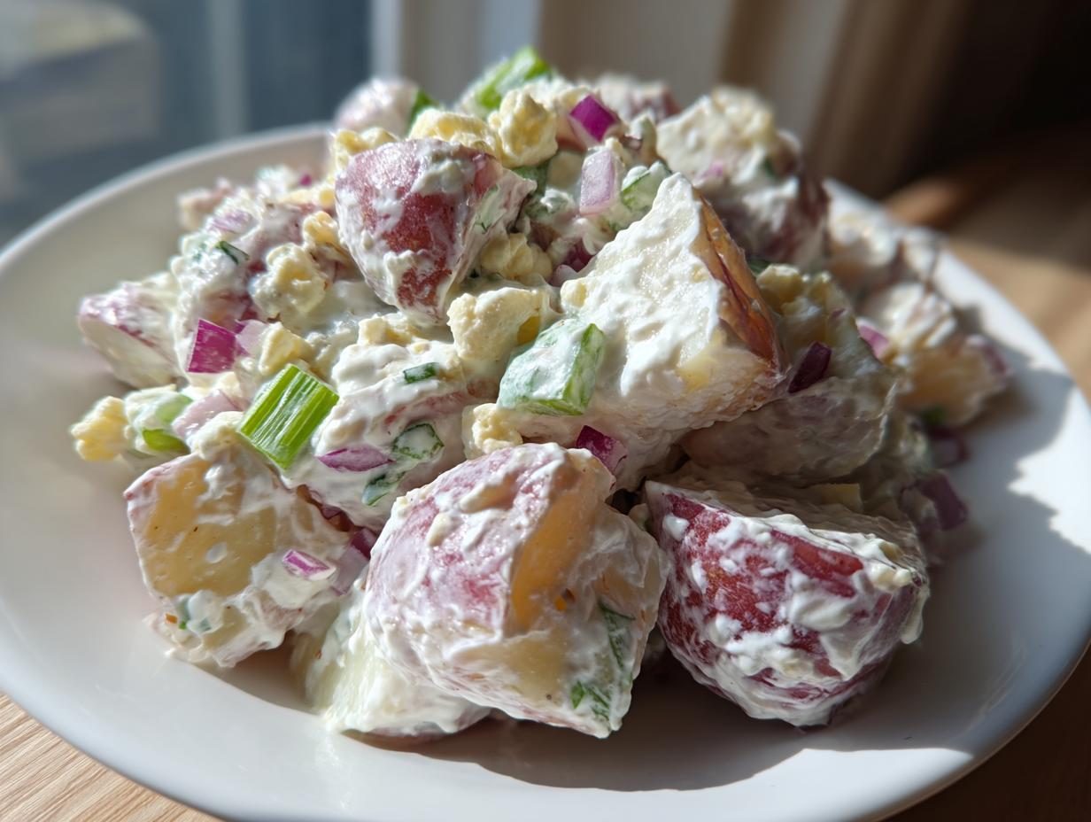 Close-up of a creamy red potato salad featuring chunks of red-skinned potatoes, celery, red onion, and egg in a rich dressing.