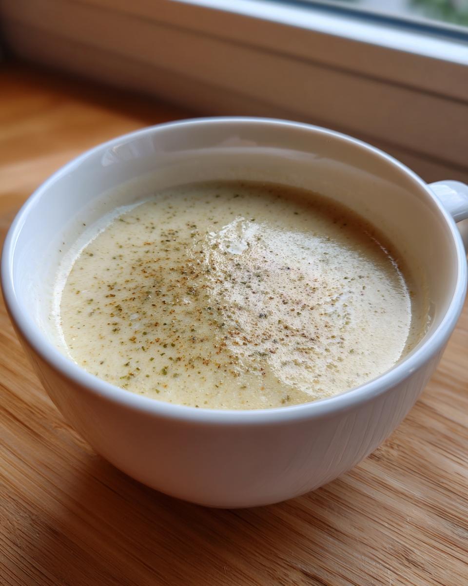 Close-up of a creamy, light yellow garlic soup topped with herbs and pepper in a white mug.