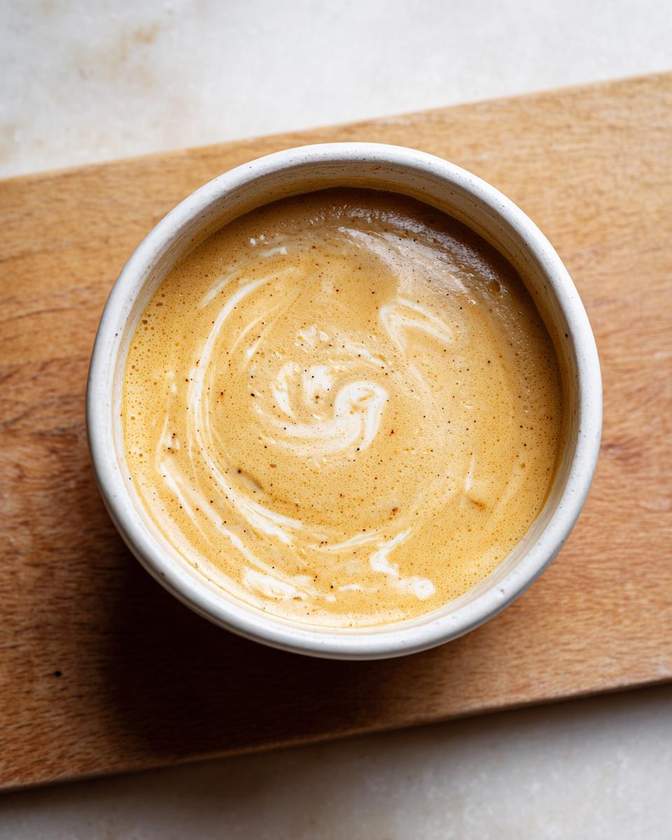 Overhead view of a creamy, swirled topping on a bowl of roasted garlic soup.