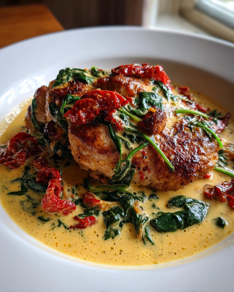 Two pieces of seared chicken breast smothered in a rich, creamy Tuscan sauce with wilted spinach and sun-dried tomatoes, part of the creamy tuscan chicken recipe.