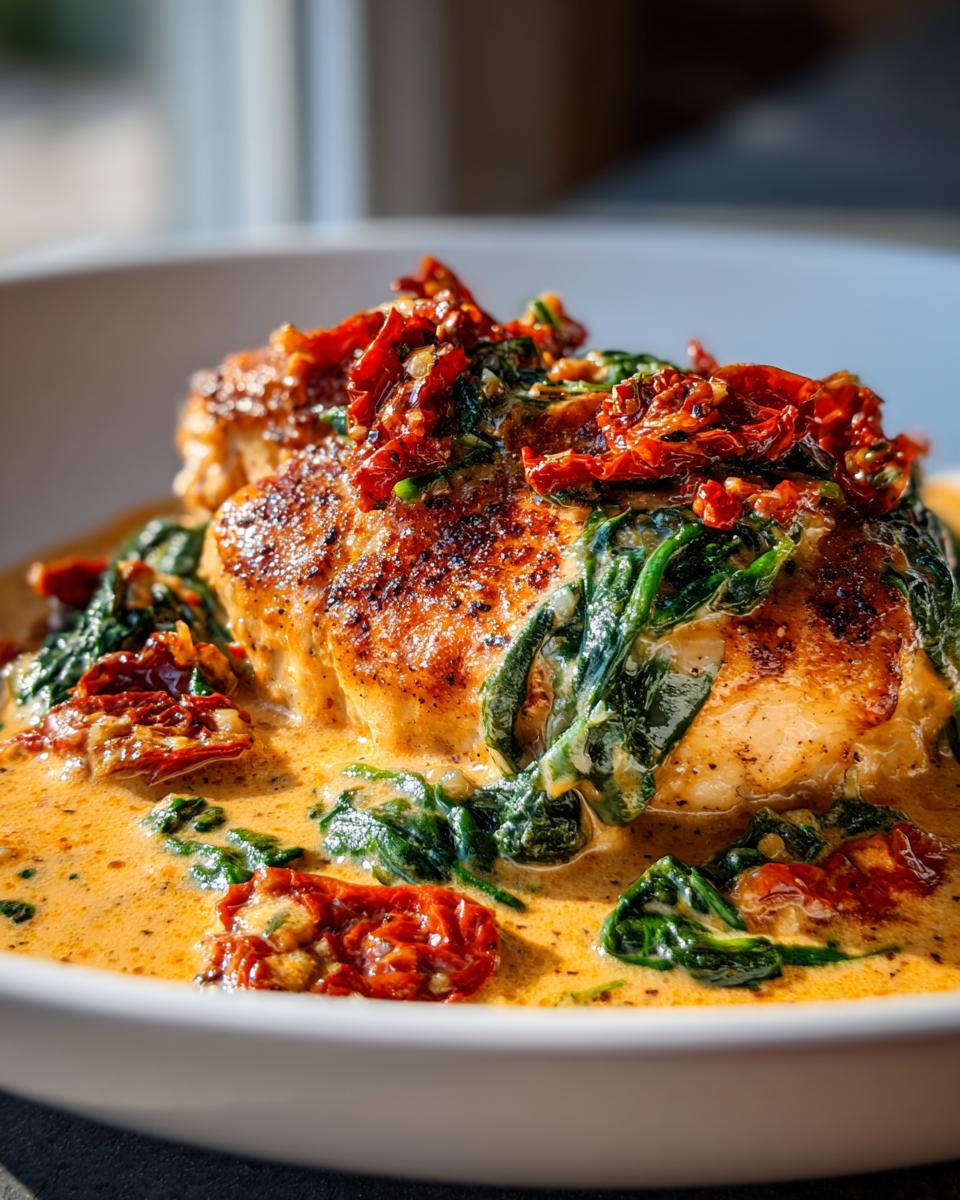 A close-up of perfectly seared creamy tuscan chicken topped with spinach and sun-dried tomatoes in a rich sauce.