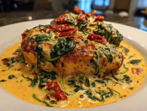 Two golden-brown chicken breasts smothered in a rich, creamy Tuscan sauce with spinach and sun-dried tomatoes, featured in creamy tuscan chicken.