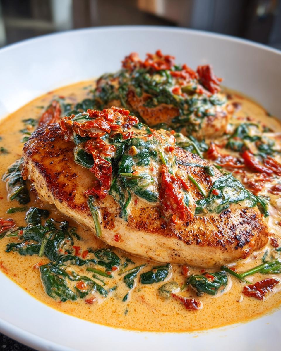 Close-up of seared chicken breasts smothered in a rich, creamy Tuscan sauce with spinach and sun-dried tomatoes, highlighting the creamy tuscan chicken.