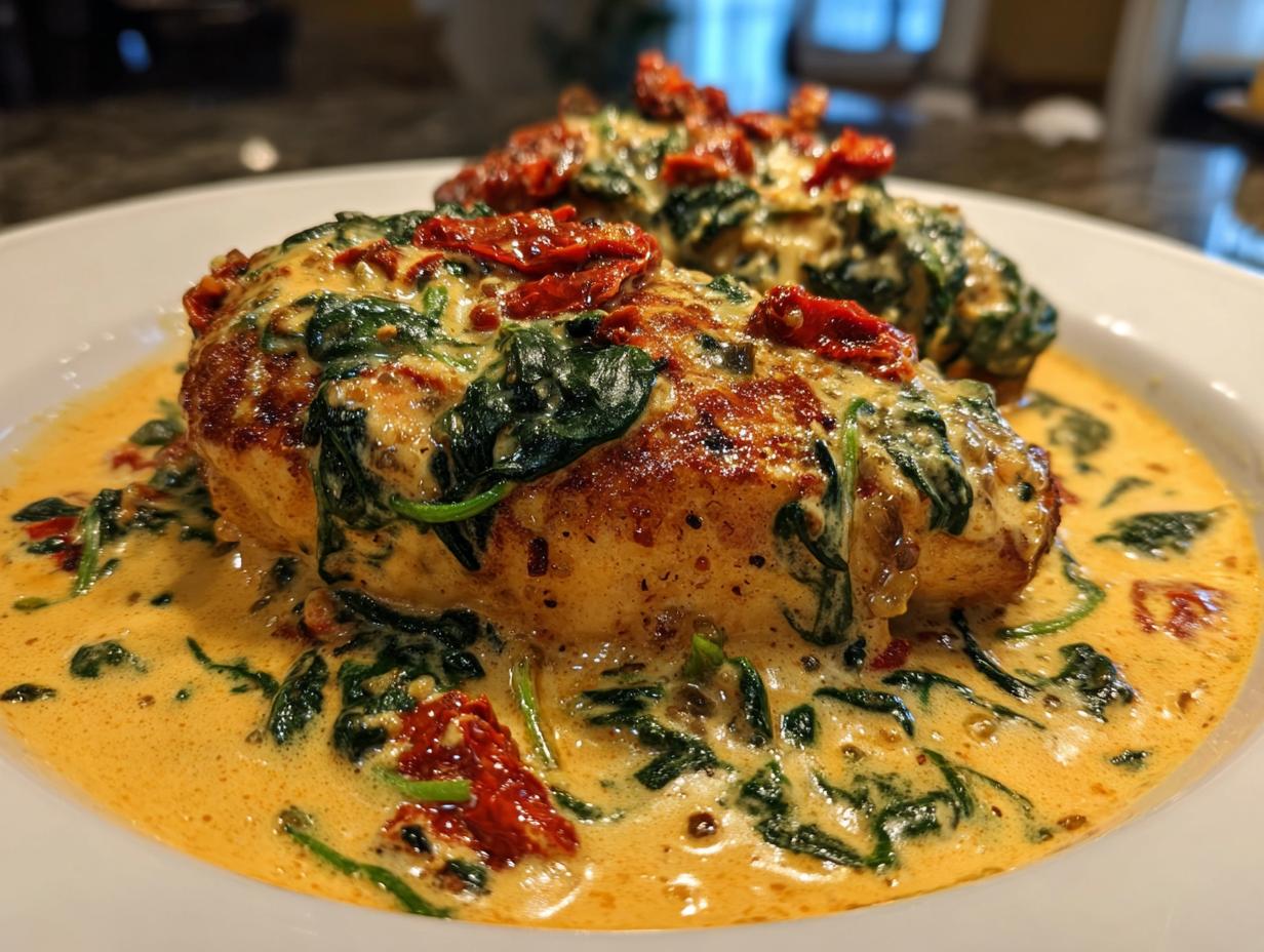 Two golden-brown chicken breasts smothered in a rich, creamy Tuscan sauce with spinach and sun-dried tomatoes, featured in creamy tuscan chicken.