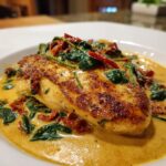 A close-up of a seared chicken breast smothered in creamy Tuscan chicken sauce with spinach and sun-dried tomatoes.