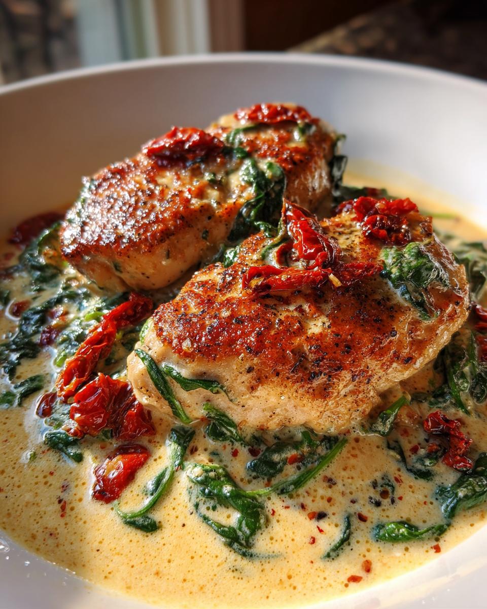Two golden-brown chicken breasts served in a rich, creamy Tuscan sauce with spinach and sun-dried tomatoes, featuring creamy tuscan chicken.