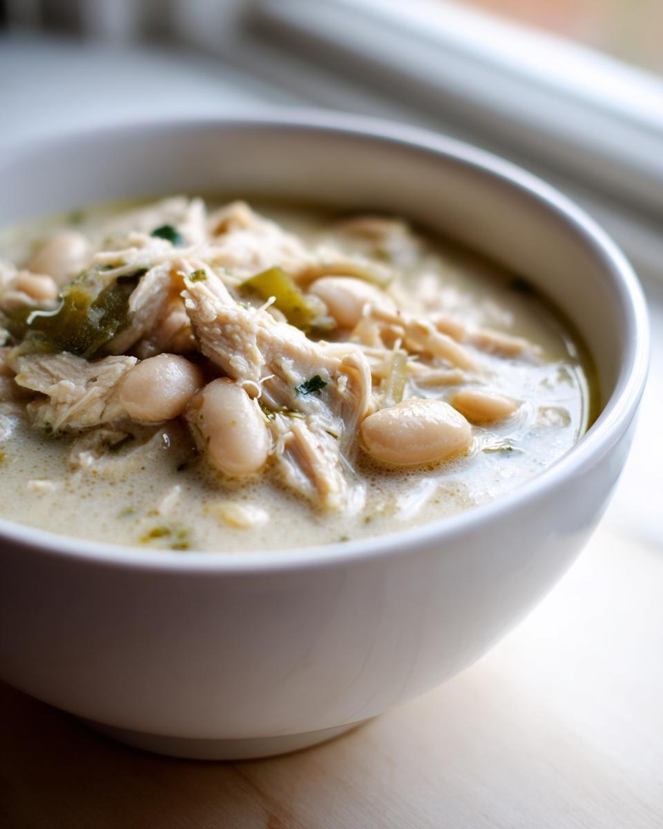 Close-up of a white bowl filled with creamy white chicken chili, showing shredded chicken and white beans.
