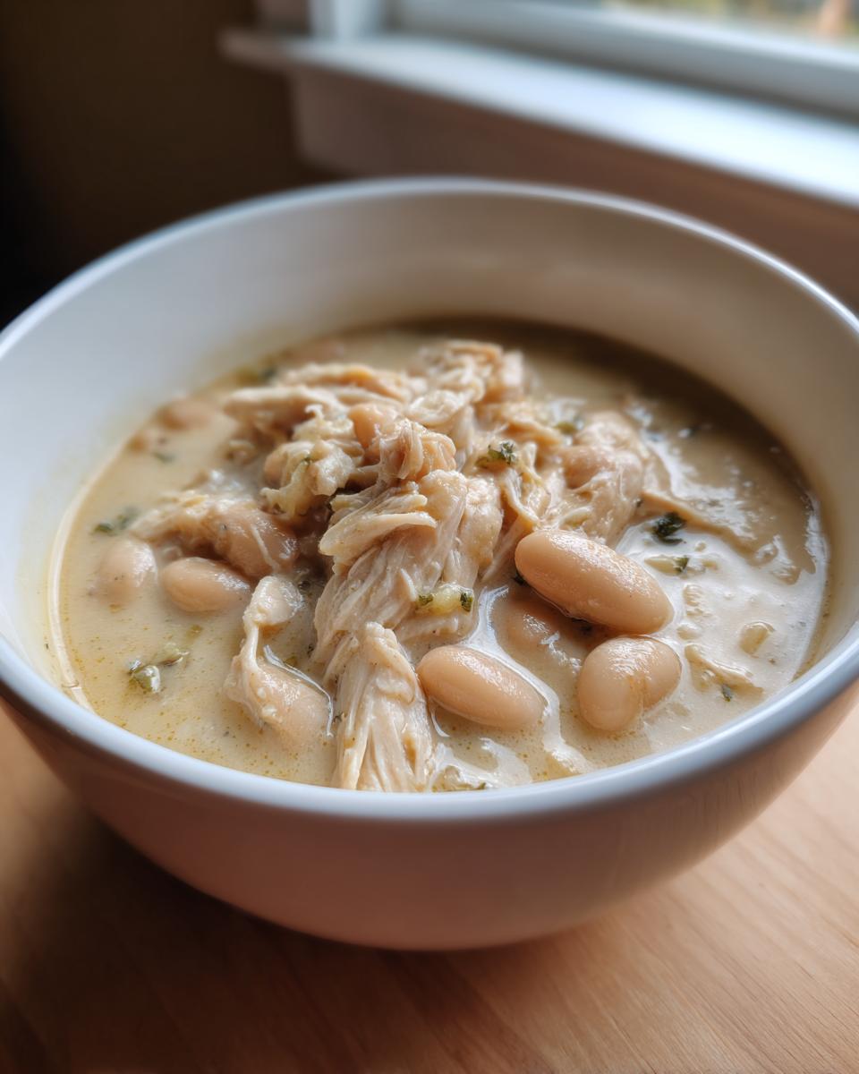 A close-up of a white bowl filled with creamy white chicken chili, featuring shredded chicken and white beans.