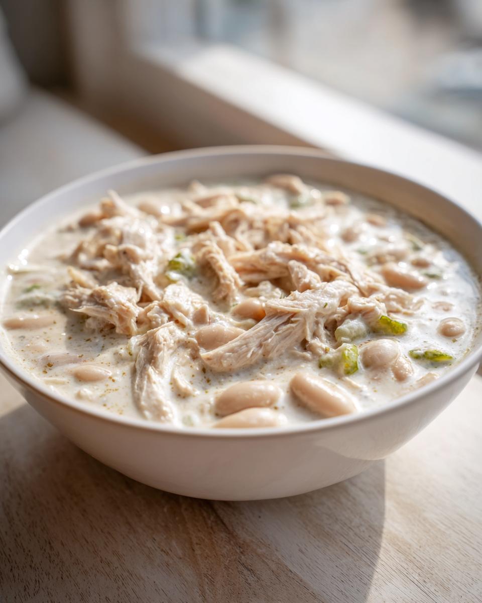 Close-up of a white bowl filled with creamy white chicken chili, featuring shredded chicken and white beans.