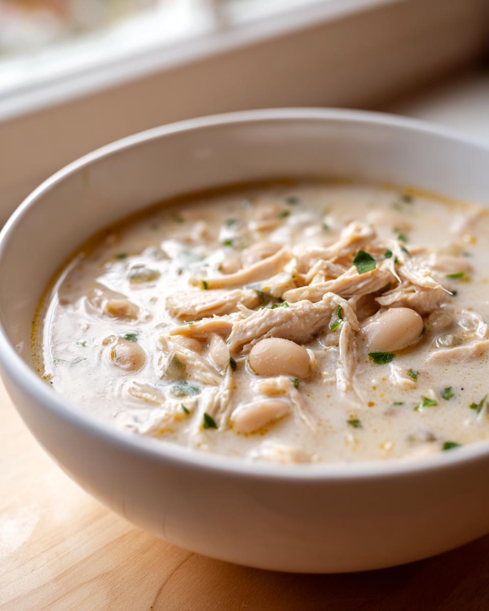A close-up of a white bowl filled with rich, creamy white chicken chili featuring shredded chicken and white beans.