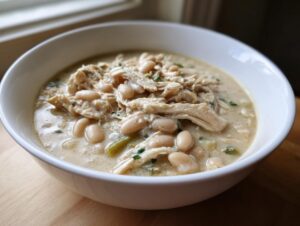 A close-up view of a white bowl filled with rich, creamy white chicken chili topped with shredded chicken and white beans.
