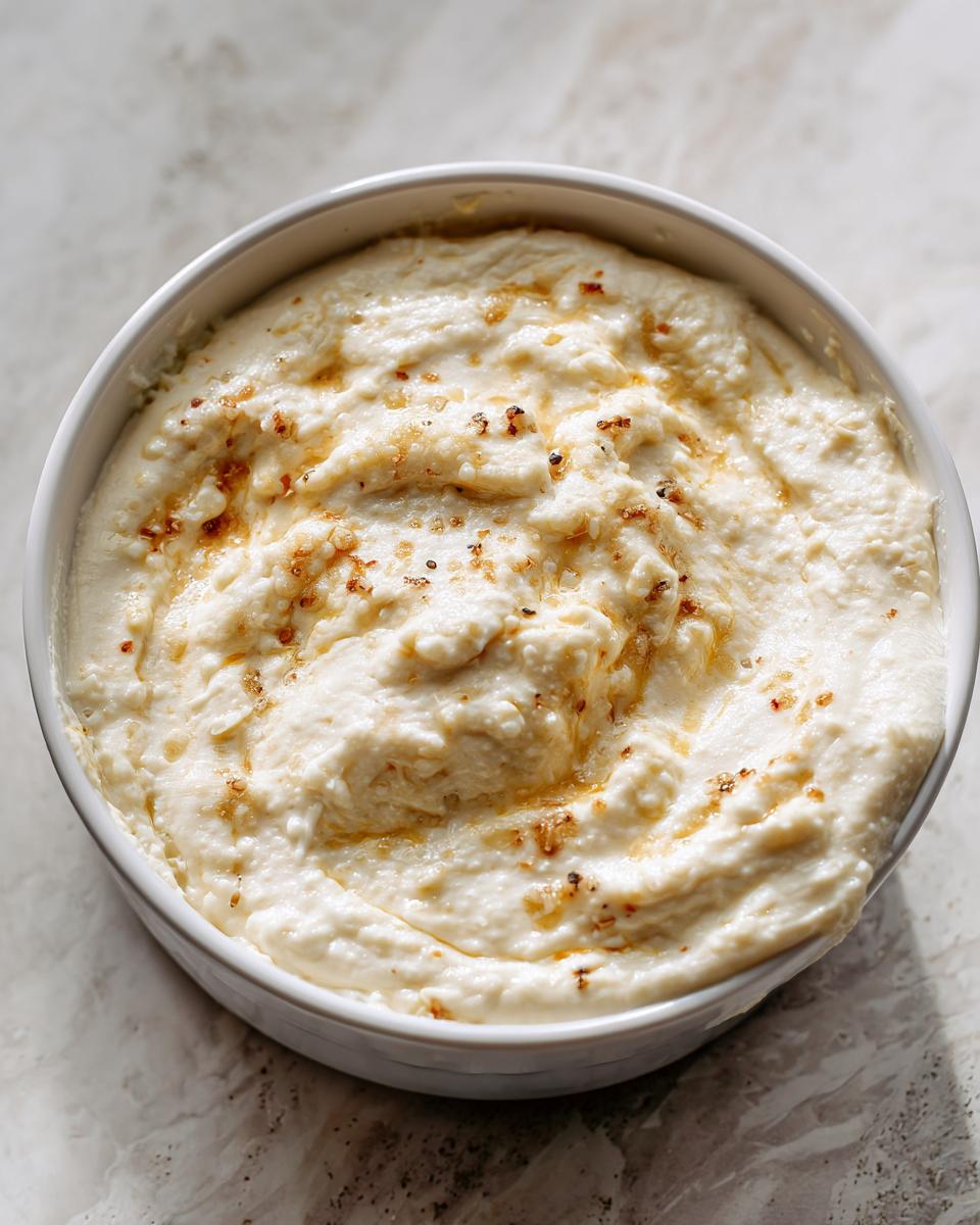 A close-up of a thick, creamy white pizza sauce drizzled with oil and spices in a white bowl.