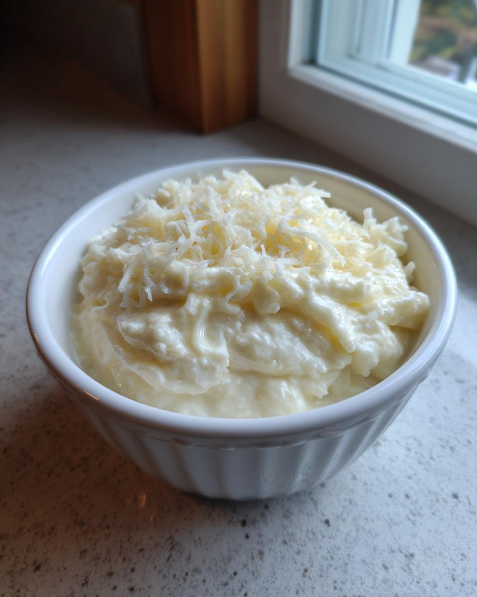 A small white bowl filled with creamy white pizza sauce, generously topped with shredded white cheese.