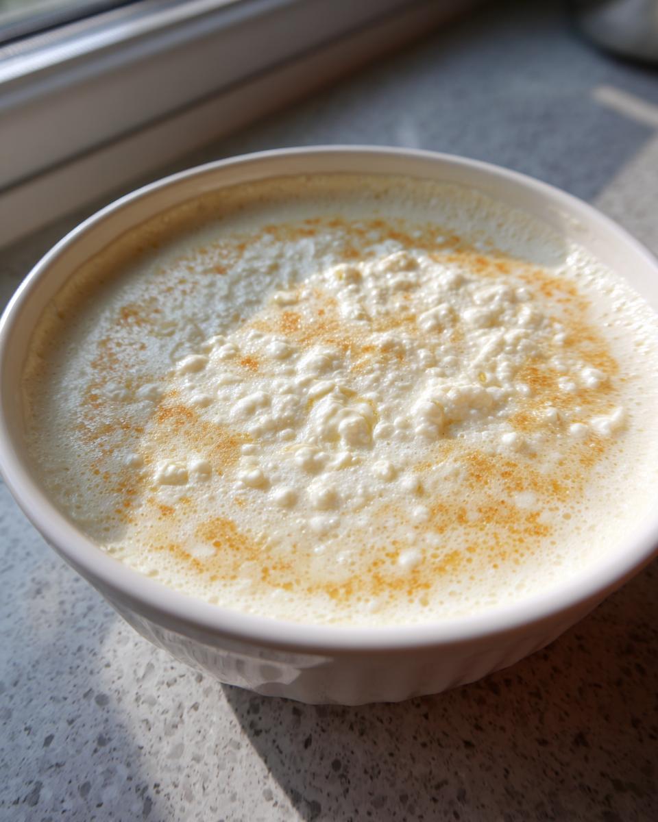 Close-up of a white bowl containing creamy white pizza sauce, lightly sprinkled with orange seasoning.