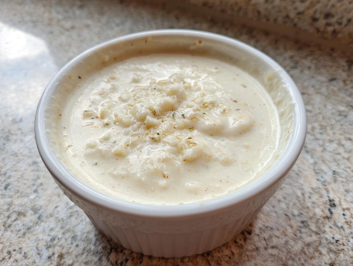 A close-up of creamy white pizza sauce, topped with herbs, served in a small white ramekin on a granite countertop.