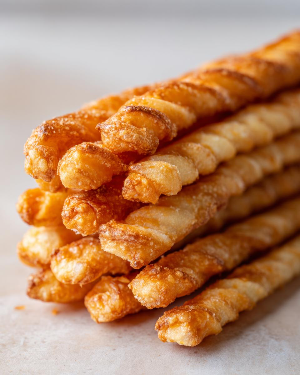 Close-up of a stack of golden brown, flaky, and crispy cheese straws piled together.