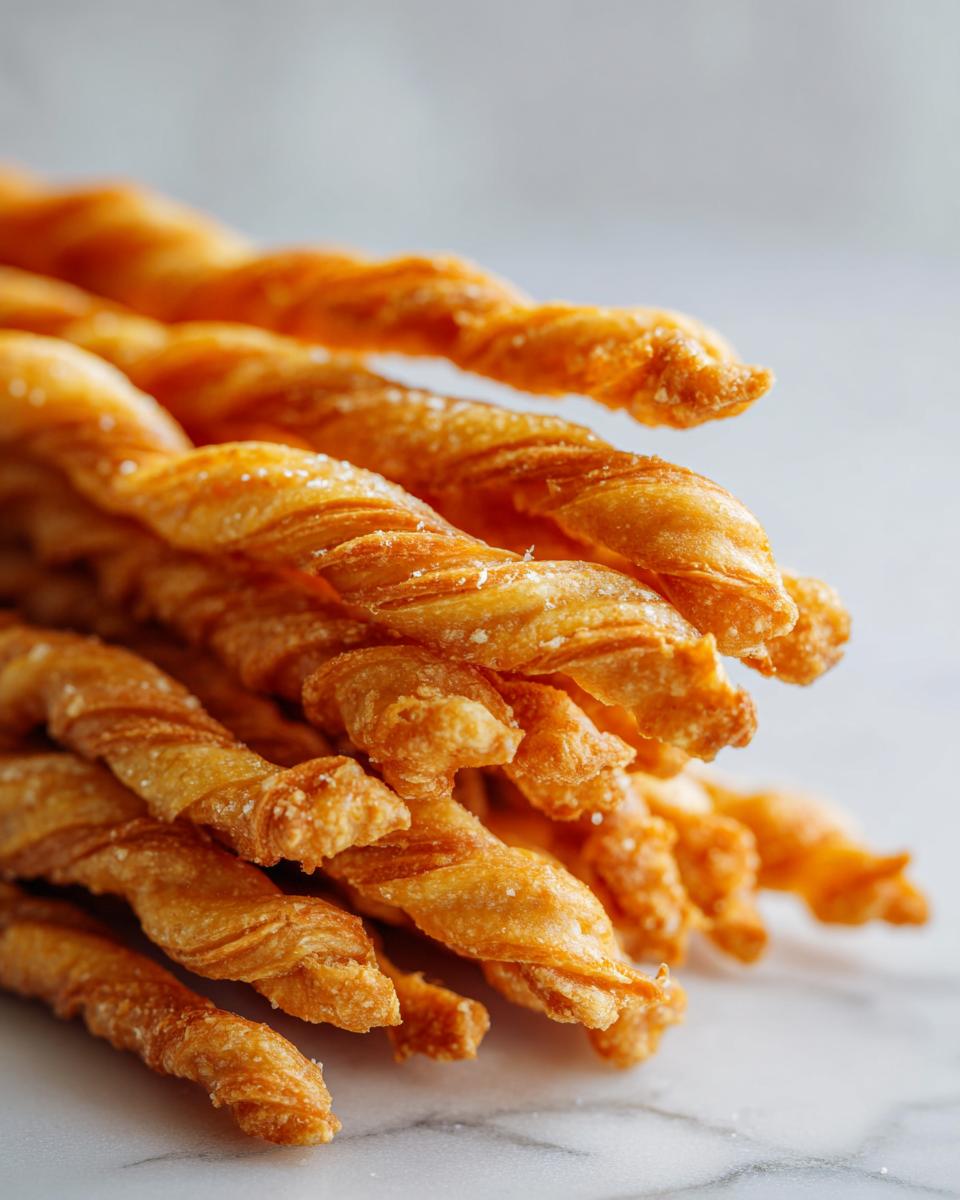 A close-up stack of golden brown, flaky, and twisted cheese straws sprinkled with coarse salt.