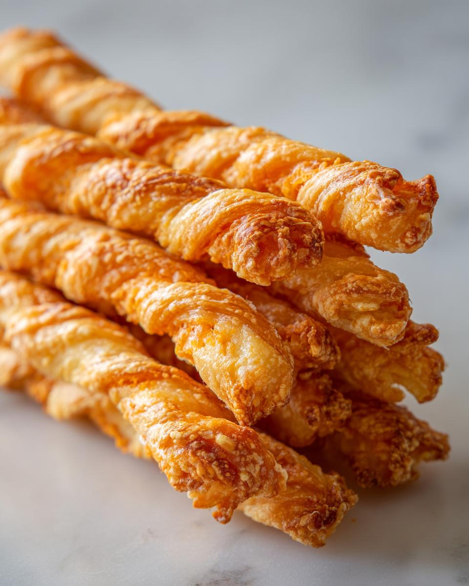 A close-up stack of golden, crispy, twisted cheese straws resting on a light marble surface.