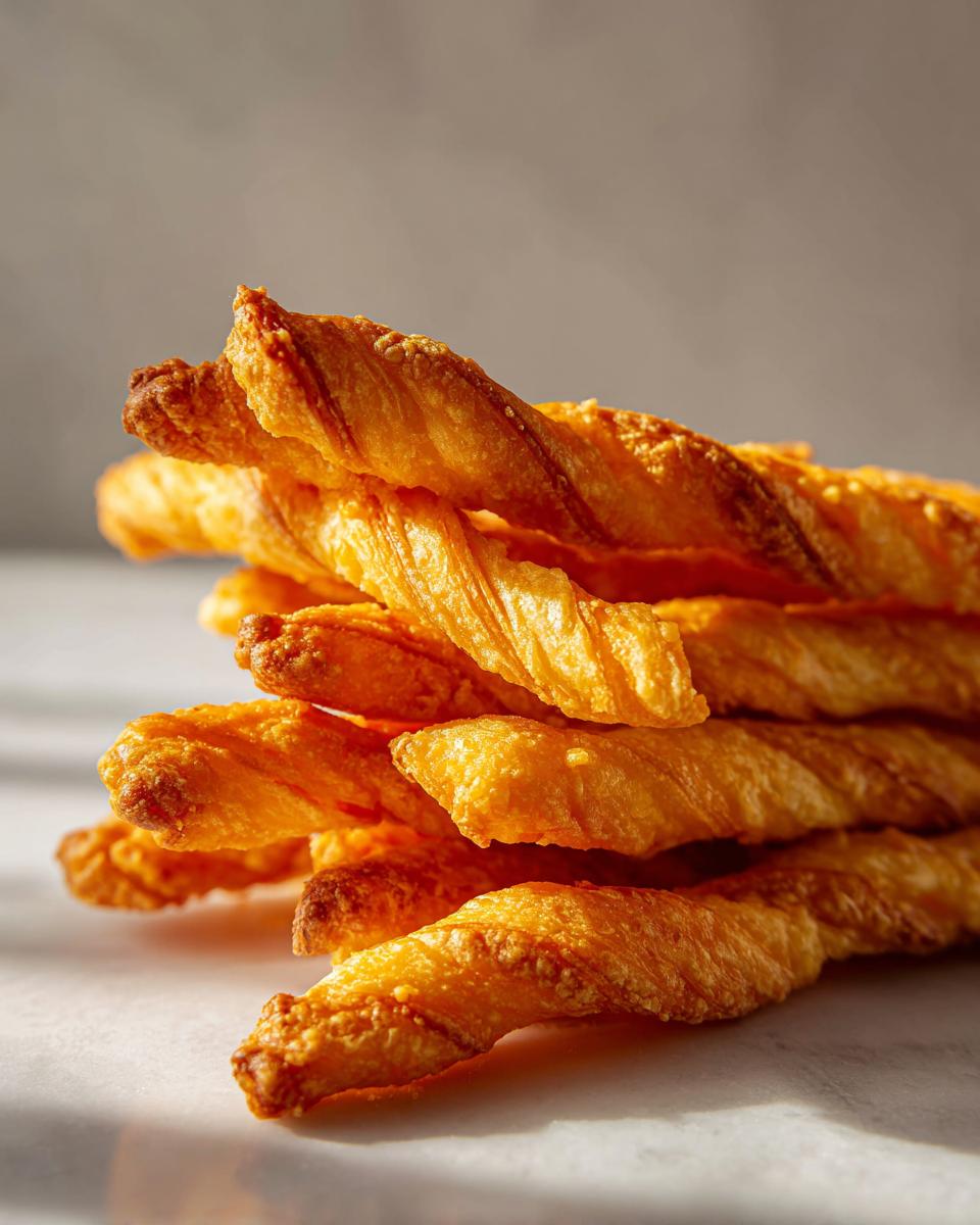 A close-up stack of golden, flaky, and crispy cheese straws piled on a light surface.