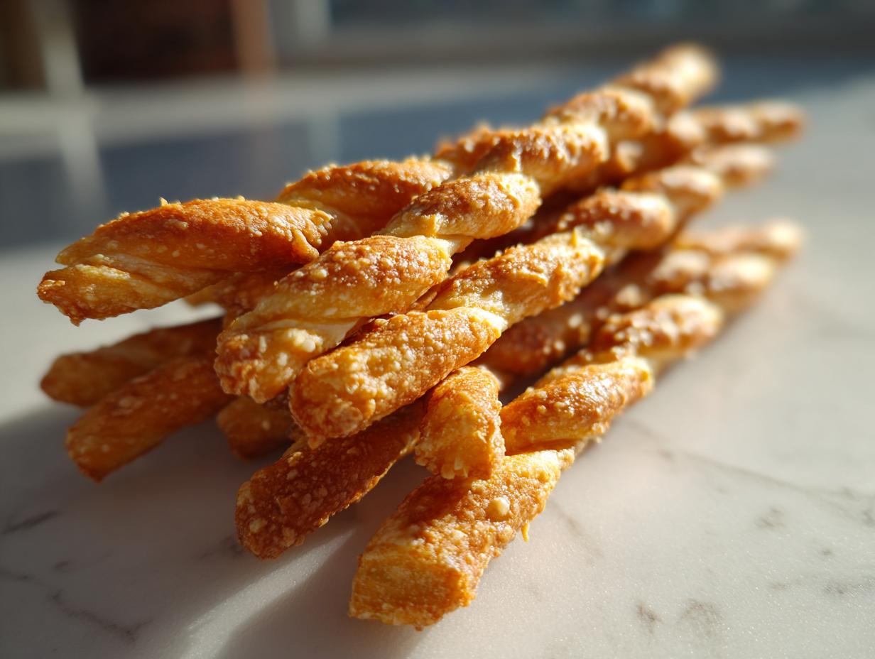 A close-up stack of golden, crispy, twisted cheese straws resting on a white marble surface.