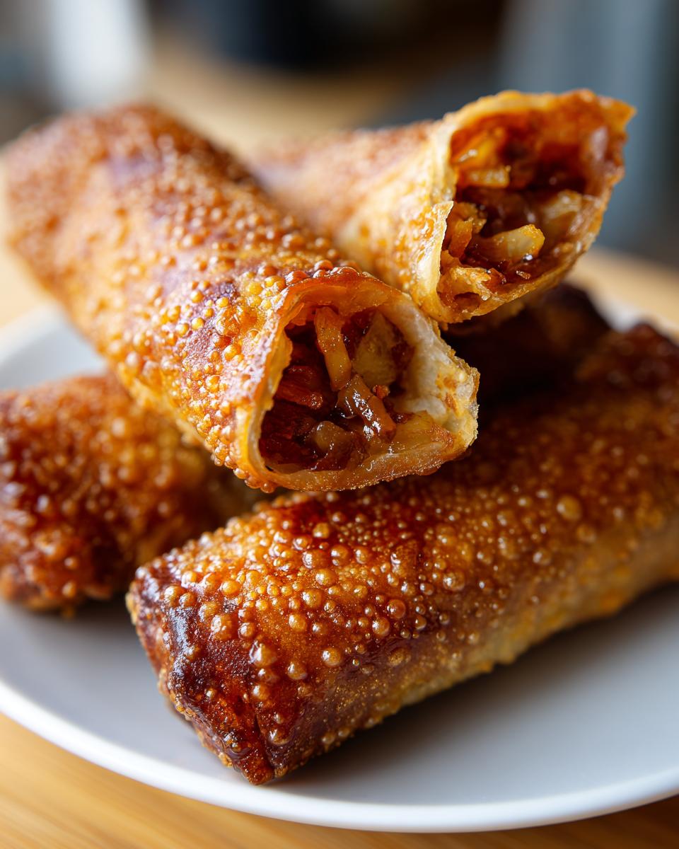 Close-up of crispy, golden brown egg roll wrappers stacked on a white plate, one cut open to show the savory filling.