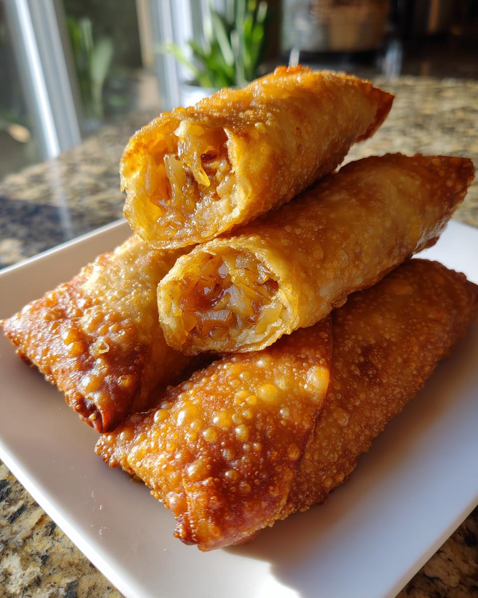 Close-up of crispy fried egg roll pieces stacked on a white plate, showing the savory filling inside.